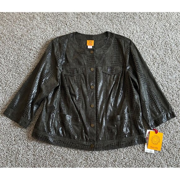 Ruby Rd. Womens Sz 16 W Black Croc-Embossed Button-Down Jacket 3/4 Sleeves - Picture 2 of 11